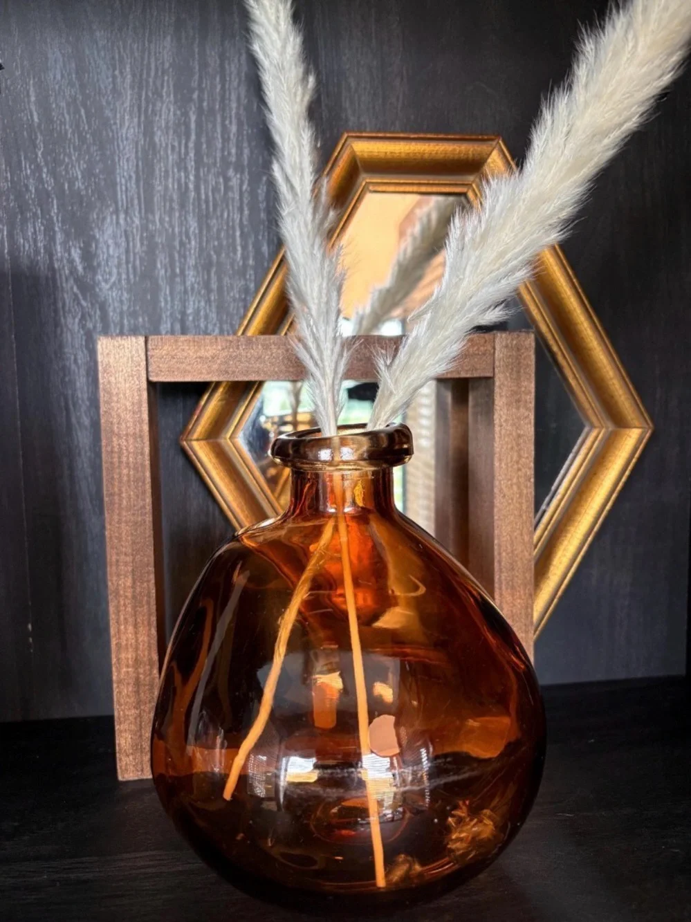 Vintage Amber Hand Blown Glass Vase w Faux Pampas Stems 6”